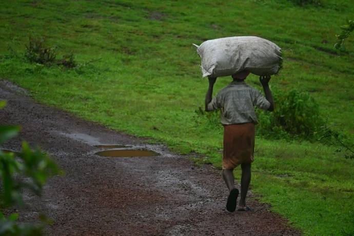 A man walking down a road carrying a sheep on his back